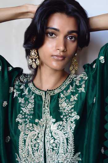 Shop_Anushree Reddy_Green Dupion, Crepe Split V-neck Amra Embroidered Kaftan Set _Online_at_Aza_Fashions
