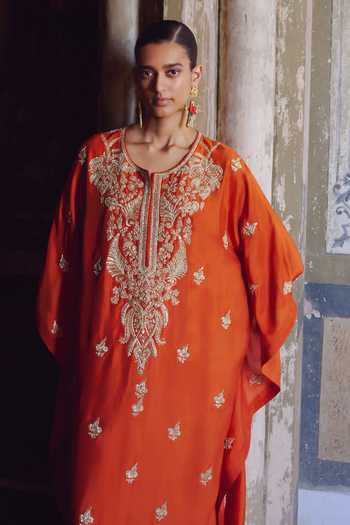 Anushree Reddy_Orange Silk, Dupion, Crepe Round Neck Inaya Embroidered Kaftan Set _Online_at_Aza_Fashions
