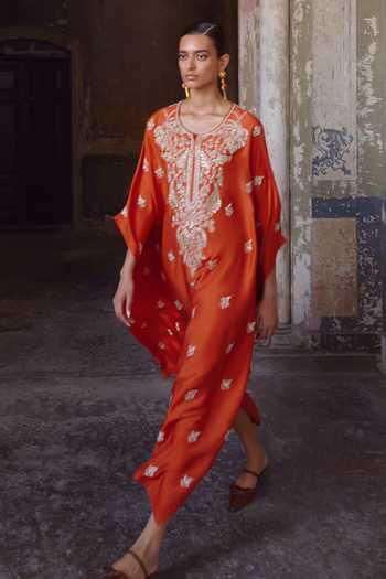 Buy_Anushree Reddy_Orange Silk, Dupion, Crepe Round Neck Inaya Embroidered Kaftan Set _Online_at_Aza_Fashions