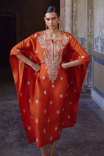 Shop_Anushree Reddy_Orange Silk, Dupion, Crepe Round Neck Inaya Embroidered Kaftan Set _Online_at_Aza_Fashions