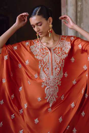 Anushree Reddy_Orange Silk, Dupion, Crepe Round Neck Inaya Embroidered Kaftan Set _at_Aza_Fashions
