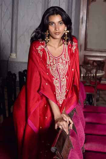 Shop_Anushree Reddy_Red Silk, Dupion, Crepe Scoop Neck Flower Line Kaftan Set _Online_at_Aza_Fashions