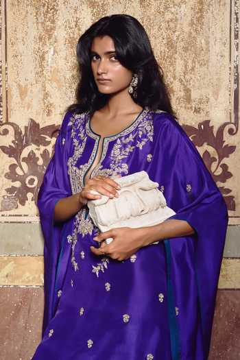 Buy_Anushree Reddy_Purple Silk, Dupion, Crepe Split V-neck Amra Embroidered Kaftan Set _Online_at_Aza_Fashions