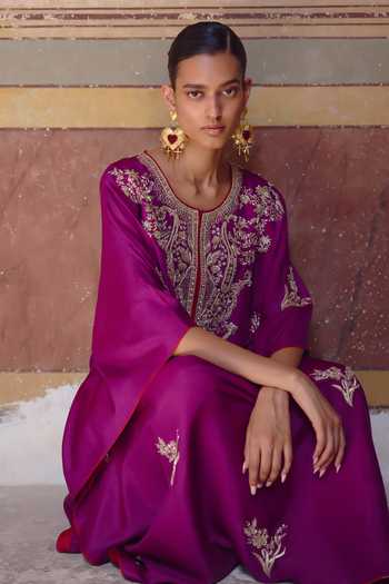 Buy_Anushree Reddy_Pink Silk, Dupion, Crepe Split V-neck Zardozi Flower Work Kaftan Set _Online_at_Aza_Fashions