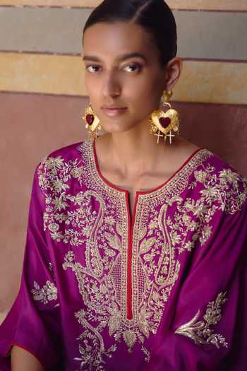 Shop_Anushree Reddy_Pink Silk, Dupion, Crepe Split V-neck Zardozi Flower Work Kaftan Set _Online_at_Aza_Fashions