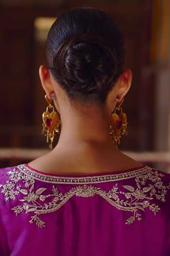Anushree Reddy_Pink Silk, Dupion, Crepe Split V-neck Zardozi Flower Work Kaftan Set _at_Aza_Fashions