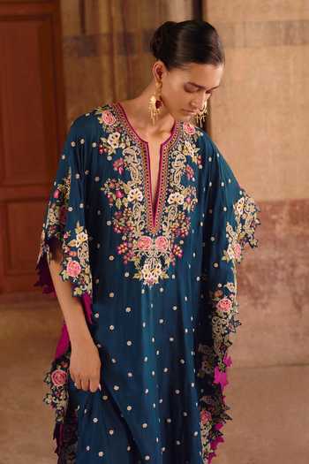 Buy_Anushree Reddy_Blue Silk, Dupion, Crepe Split V-neck Umang Embroidered Kaftan Set _Online_at_Aza_Fashions