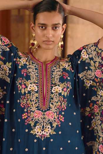 Shop_Anushree Reddy_Blue Silk, Dupion, Crepe Split V-neck Umang Embroidered Kaftan Set _Online_at_Aza_Fashions