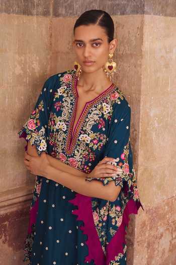 Anushree Reddy_Blue Silk, Dupion, Crepe Split V-neck Umang Embroidered Kaftan Set _at_Aza_Fashions
