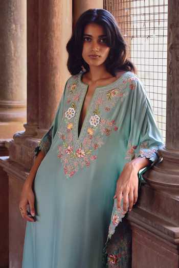 Anushree Reddy_Blue Silk, Dupion, Crepe Split V-neck Utsa Embroidered Kaftan Set _Online_at_Aza_Fashions