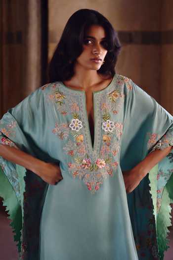 Buy_Anushree Reddy_Blue Silk, Dupion, Crepe Split V-neck Utsa Embroidered Kaftan Set _Online_at_Aza_Fashions