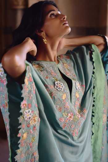 Shop_Anushree Reddy_Blue Silk, Dupion, Crepe Split V-neck Utsa Embroidered Kaftan Set _Online_at_Aza_Fashions
