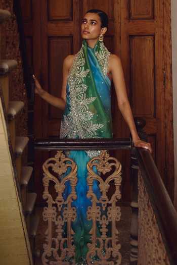Anushree Reddy_Blue Organza, Silk, Dupion Shae Ombre Saree With Unstitched Blouse Fabric _Online_at_Aza_Fashions