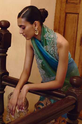 Buy_Anushree Reddy_Blue Organza, Silk, Dupion Shae Ombre Saree With Unstitched Blouse Fabric _Online_at_Aza_Fashions