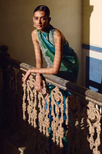 Shop_Anushree Reddy_Blue Organza, Silk, Dupion Shae Ombre Saree With Unstitched Blouse Fabric _Online_at_Aza_Fashions