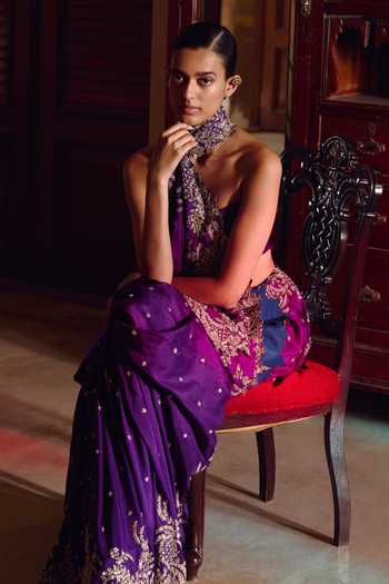 Anushree Reddy_Purple Dupion Athena Zardozi Saree With Unstitched Blouse Fabric _Online_at_Aza_Fashions