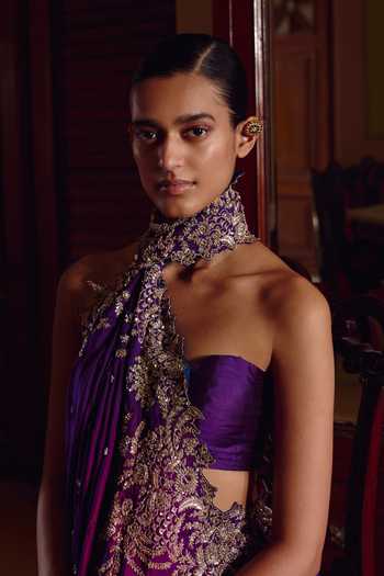 Shop_Anushree Reddy_Purple Dupion Athena Zardozi Saree With Unstitched Blouse Fabric _Online_at_Aza_Fashions