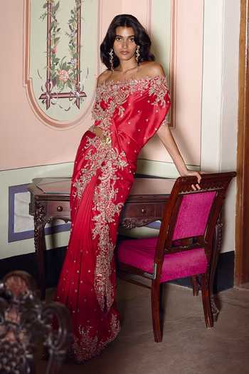 Anushree Reddy_Red Dupion Off-shoulder Athena Saree With Unstitched Blouse Fabric _Online_at_Aza_Fashions