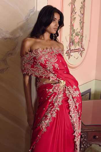 Buy_Anushree Reddy_Red Dupion Off-shoulder Athena Saree With Unstitched Blouse Fabric _Online_at_Aza_Fashions