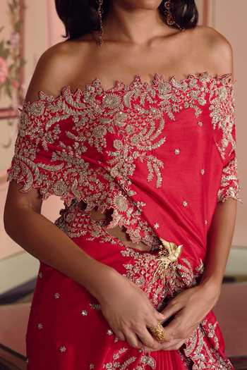 Shop_Anushree Reddy_Red Dupion Off-shoulder Athena Saree With Unstitched Blouse Fabric _Online_at_Aza_Fashions