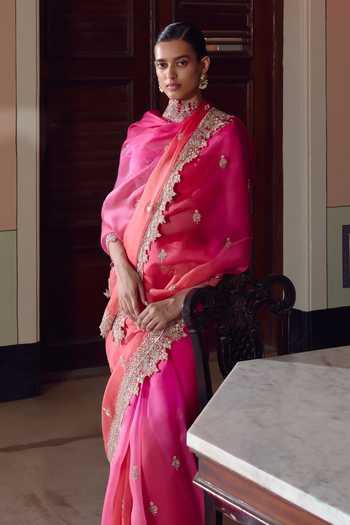 Anushree Reddy_Pink Organza, Silk, Dupion Sharmaine Saree With Unstitched Blouse Fabric _Online_at_Aza_Fashions