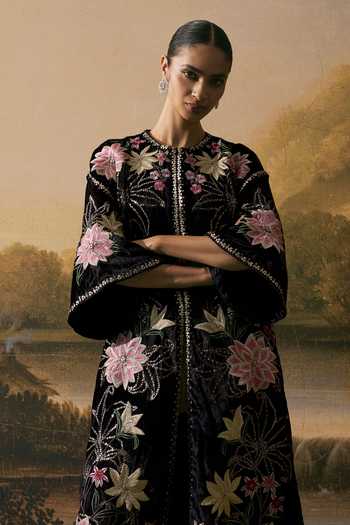 Chandrima_Black Velvet, Satin Round Neck Metallic Floral Embellished Jacket _Online_at_Aza_Fashions