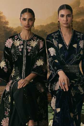 Buy_Chandrima_Black Velvet, Satin Round Neck Metallic Floral Embellished Jacket _Online_at_Aza_Fashions