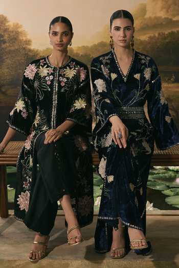 Shop_Chandrima_Black Velvet, Satin Round Neck Metallic Floral Embellished Jacket _Online_at_Aza_Fashions