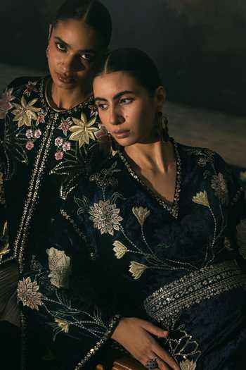 Chandrima_Black Velvet, Satin Round Neck Metallic Floral Embellished Jacket _at_Aza_Fashions