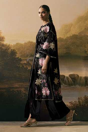 Buy_Chandrima_Black Velvet, Satin Round Neck Metallic Floral Embellished Jacket 