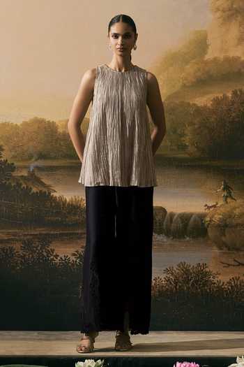 Chandrima_Silver Cotton, Tissue Round Neck Textured Top _Online_at_Aza_Fashions