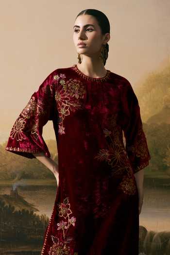 Shop_Chandrima_Red Satin, Velvet Round Neck, Yes Metallic Floral Embellished Kurta And Pant _Online_at_Aza_Fashions