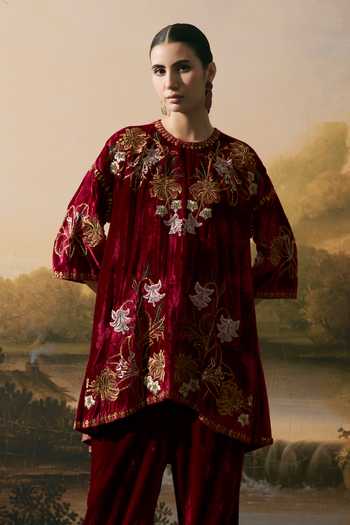 Buy_Chandrima_Red Velvet Round Neck, Yes Metallic Floral Embellished Short Kurta With Pant _Online_at_Aza_Fashions