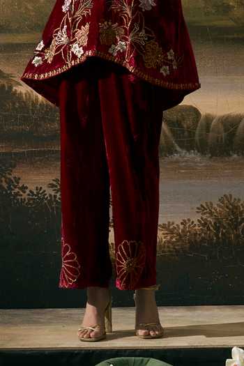 Shop_Chandrima_Red Velvet Round Neck, Yes Metallic Floral Embellished Short Kurta With Pant _Online_at_Aza_Fashions