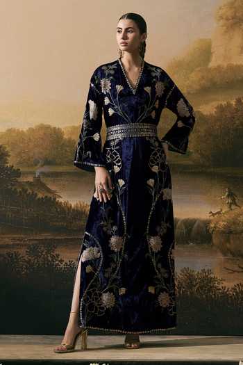 Chandrima Metallic Floral Embellished Dress With Tie-up Belt