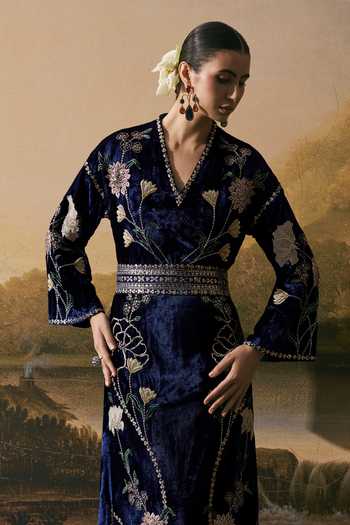 Chandrima_Cobalt Satin, Velvet V-neck Metallic Floral Embellished Dress With Tie-up Belt _Online_at_Aza_Fashions