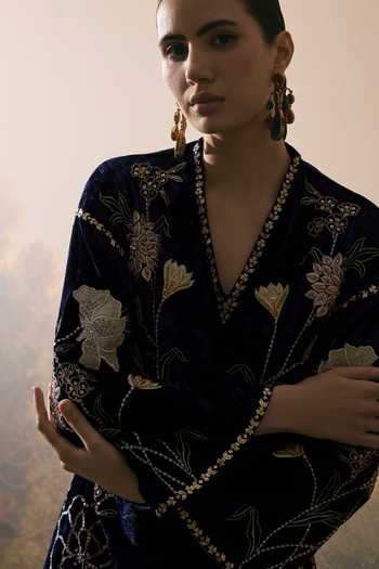 Buy_Chandrima_Cobalt Satin, Velvet V-neck Metallic Floral Embellished Dress With Tie-up Belt _Online_at_Aza_Fashions