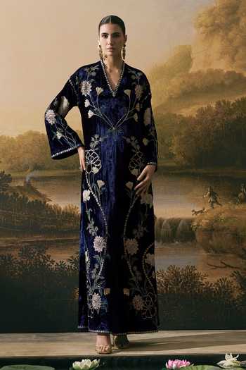 Shop_Chandrima_Cobalt Satin, Velvet V-neck Metallic Floral Embellished Dress With Tie-up Belt _Online_at_Aza_Fashions