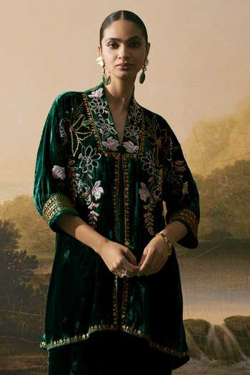 Chandrima_Emerald Green Satin, Velvet Metallic Floral Embellished Kimono Tunic With Pant _Online_at_Aza_Fashions