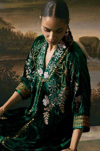 Buy_Chandrima_Emerald Green Satin, Velvet Metallic Floral Embellished Kimono Tunic With Pant _Online_at_Aza_Fashions