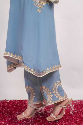Shop Daljit Sudan Blue Crepe V-neck, Yes Iceberg Embroidered Pheran Kurta And Pant Set Online at Aza Fashions Shop_Daljit Sudan_Blue Crepe V-neck, Yes Iceberg Embroidered Pheran Kurta And Pant Set _Online_at_Aza_Fashions