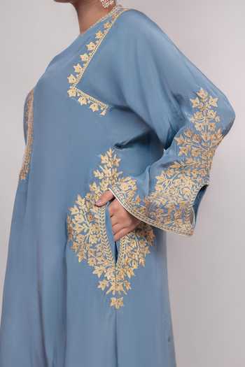 Daljit Sudan Blue Crepe V-neck, Yes Iceberg Embroidered Pheran Kurta And Pant Set at Aza Fashions Daljit Sudan_Blue Crepe V-neck, Yes Iceberg Embroidered Pheran Kurta And Pant Set _at_Aza_Fashions
