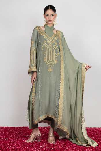 Daljit Sudan Powder Grey Mukaish Embroidered Kurta Set 