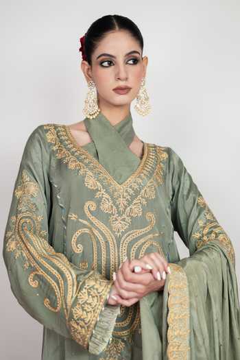 Shop Daljit Sudan Grey Silk, Cotton V-neck Powder Mukaish Embroidered Kurta Set Online at Aza Fashions Shop_Daljit Sudan_Grey Silk, Cotton V-neck Powder Mukaish Embroidered Kurta Set _Online_at_Aza_Fashions