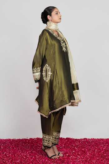 Buy_Daljit Sudan_Green Satin, Tissue V-neck, Yes Deep Forest Embroidered Kurta Salwar Set _Online_at_Aza_Fashions