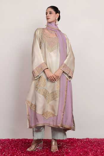 Daljit Sudan_Ivory Organza, Crepe, Satin V-neck Embroidered Long Kurta Pant Set _Online_at_Aza_Fashions