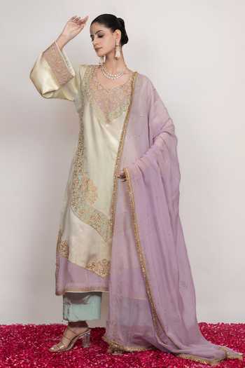 Buy_Daljit Sudan_Ivory Organza, Crepe, Satin V-neck Embroidered Long Kurta Pant Set _Online_at_Aza_Fashions