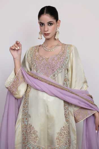 Shop_Daljit Sudan_Ivory Organza, Crepe, Satin V-neck Embroidered Long Kurta Pant Set _Online_at_Aza_Fashions