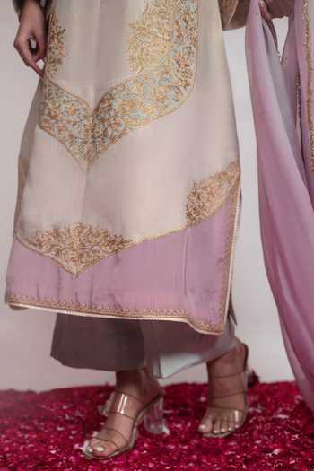 Daljit Sudan_Ivory Organza, Crepe, Satin V-neck Embroidered Long Kurta Pant Set _at_Aza_Fashions