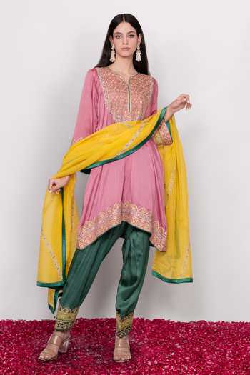 Daljit Sudan Tri-color Embroidered Pheran Kurta Set 